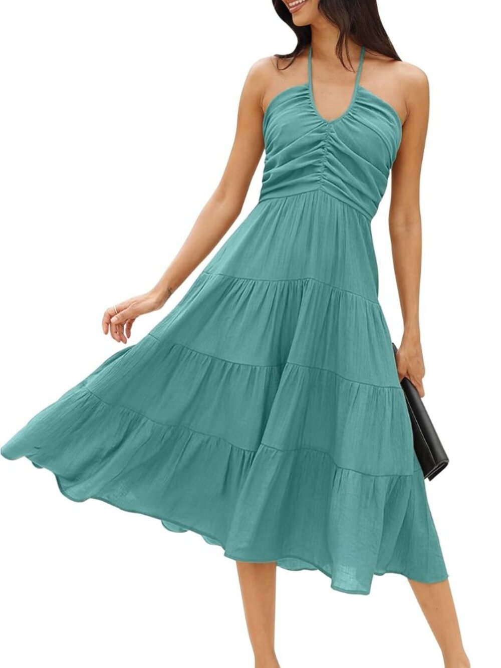 Sz  M Green Moss Midi Tank Strappy Dress V Neck Pullover Ruched on the back